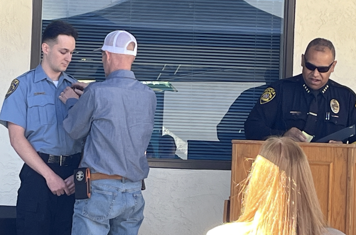 PSO Tyler DeMello, his father Scott DeMello and Cuesta College Police Chief Rich Randolph (right) at the badge ceremony on Nov. 18, 2024. 
